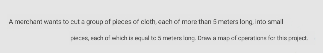 A merchant wants to cut a group of pieces of cloth, each of more than 5 meters long, into small
pieces, each of which is equal to 5 meters long. Draw a map of operations for this project.
