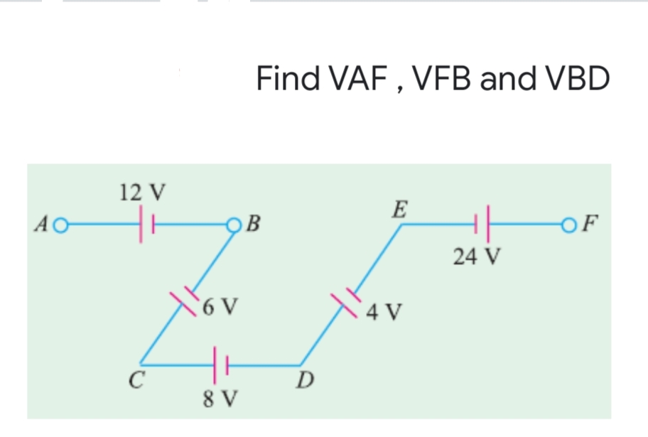 Find VAF , VFB and VBD
12 V
E
AO
B
OF
24 V
4 V
D
8 V
