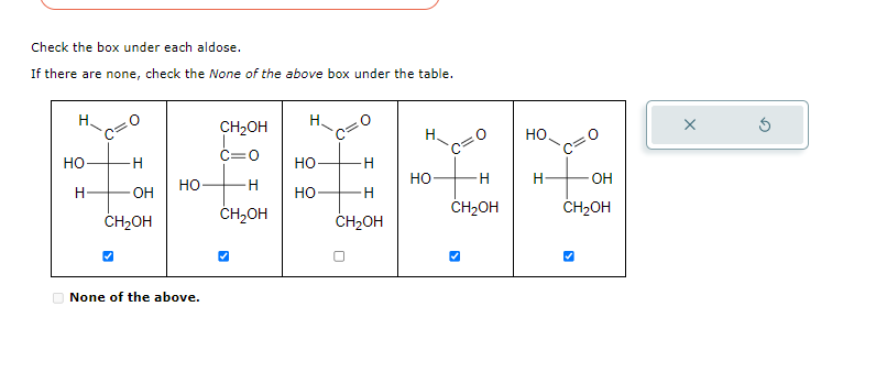 Check the box under each aldose.
If there are none, check the None of the above box under the table.
НО
Н
OH
CH₂OH
НО
None of the above.
CH₂OH
c=0
· H
CH2OH
Н
НО
НО
H
H
CH₂OH
HO
+H
H
CH₂OH
НО
нто
OH
CH₂OH
X