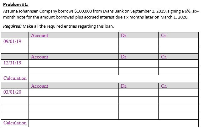 Problem #1:
Assume Johannsen Company borrows $100,000 from Evans Bank on September 1, 2019, signing a 6%, six-
month note for the amount borrowed plus accrued interest due six months later on March 1, 2020.
Required: Make all the required entries regarding this loan.
Account
Dr.
Cr.
09/01/19
Account
Dr.
Cr.
12/31/19
Calculation
Асcount
Dr.
Cr.
03/01/20
Calculation
