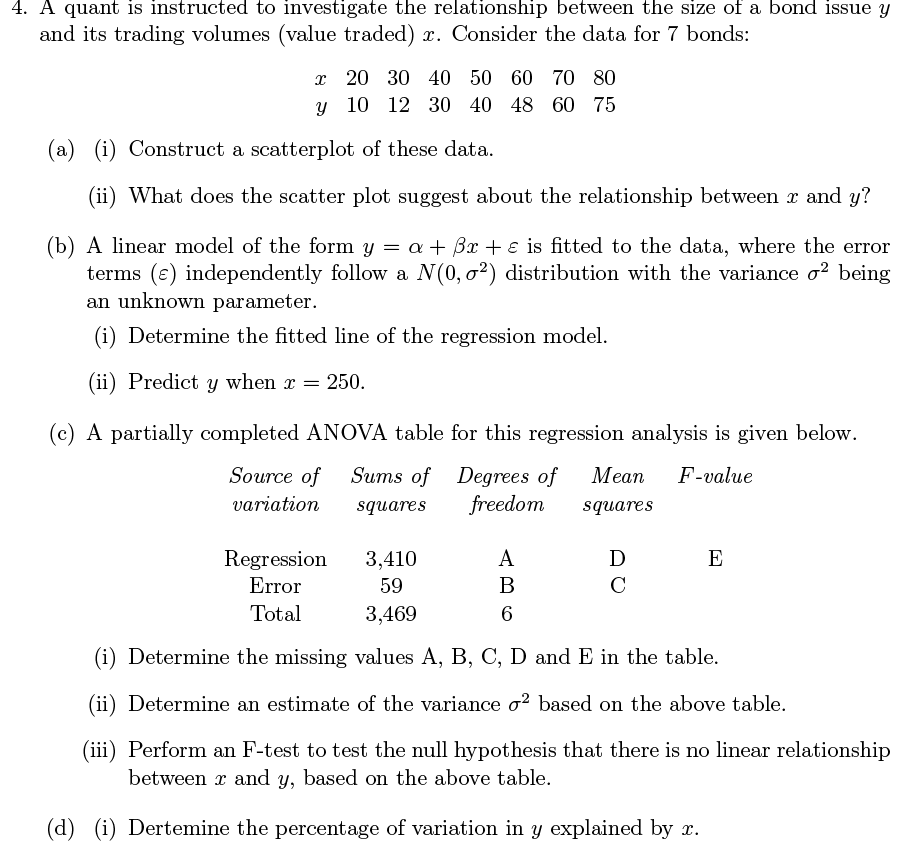 4. A quant is instructed to investigate the relationship between the size of a bond issue y
and its trading volumes (value traded) r. Consider the data for 7 bonds:
r 20 30 40 50 60
y 10 12 30 40 48 60 75
70 80
(a) (i) Construct a scatterplot of these data.
(ii) What does the scatter plot suggest about the relationship between x and y?
(b) A linear model of the form y = a+ Bx + e is fitted to the data, where the error
terms (e) independently follow a N(0, o²) distribution with the variance o? being
an unknown parameter.
(i) Determine the fitted line of the regression model.
(ii) Predict y when x = 250.
(c) A partially completed ANOVA table for this regression analysis is given below.
Source of
Sums of Degrees of
freedom
Мean
F-value
variation
squares
squares
Regression
3,410
A
D
E
Error
59
В
C
Total
3,469
6
(i) Determine the missing values A, B, C, D and E in the table.
(ii) Determine an estimate of the variance o? based on the above table.
(iii) Perform an F-test to test the null hypothesis that there is no linear relationship
between r and y, based on the above table.
(d) (i) Dertemine the percentage of variation in y explained by r.
