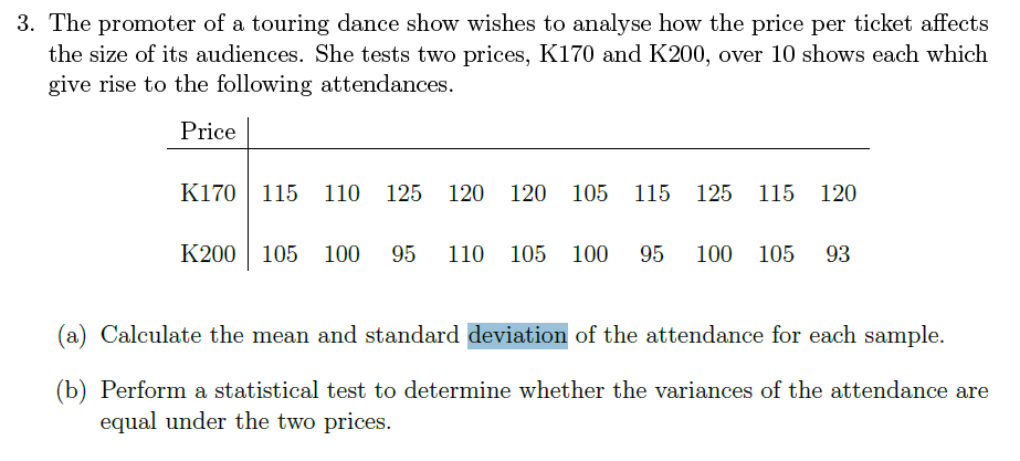 3. The promoter of a touring dance show wishes to analyse how the price per ticket affects
the size of its audiences. She tests two prices, K170 and K200, over 10 shows each which
give rise to the following attendances.
Price
K170| 115 110 125 120
120 105 115 125 115 120
K200 105
100
95
110
105 100
95
100 105
93
(a) Calculate the mean and standard deviation of the attendance for each sample.
(b) Perform a statistical test to determine whether the variances of the attendance are
equal under the two prices.
