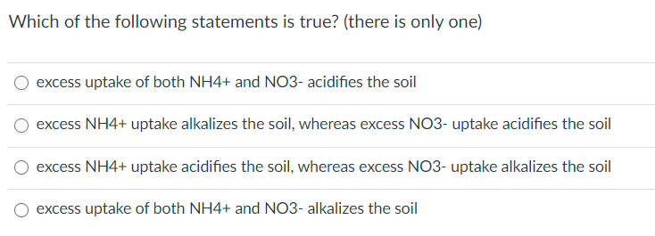 Which of the following statements is true? (there is only one)
excess uptake of both NH4+ and NO3- acidifies the soil
excess NH4+ uptake alkalizes the soil, whereas excess NO3- uptake acidifies the soil
excess NH4+ uptake acidifies the soil, whereas excess NO3- uptake alkalizes the soil
excess uptake of both NH4+ and NO3- alkalizes the soil
