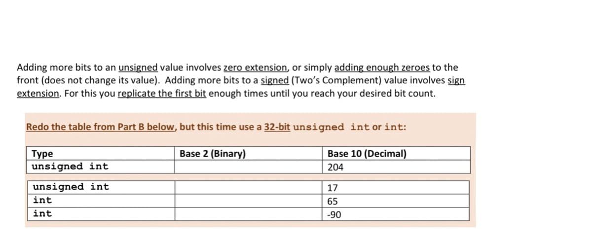 Adding more bits to an unsigned value involves zero extension, or simply adding enough zeroes to the
front (does not change its value). Adding more bits to a signed (Two's Complement) value involves sign
extension. For this you replicate the first bit enough times until you reach your desired bit count.
Redo the table from Part B below, but this time use a 32-bit unsigned int or int:
Base 2 (Binary)
Base 10 (Decimal)
204
Type
unsigned int
unsigned int
int
int
17
65
-90