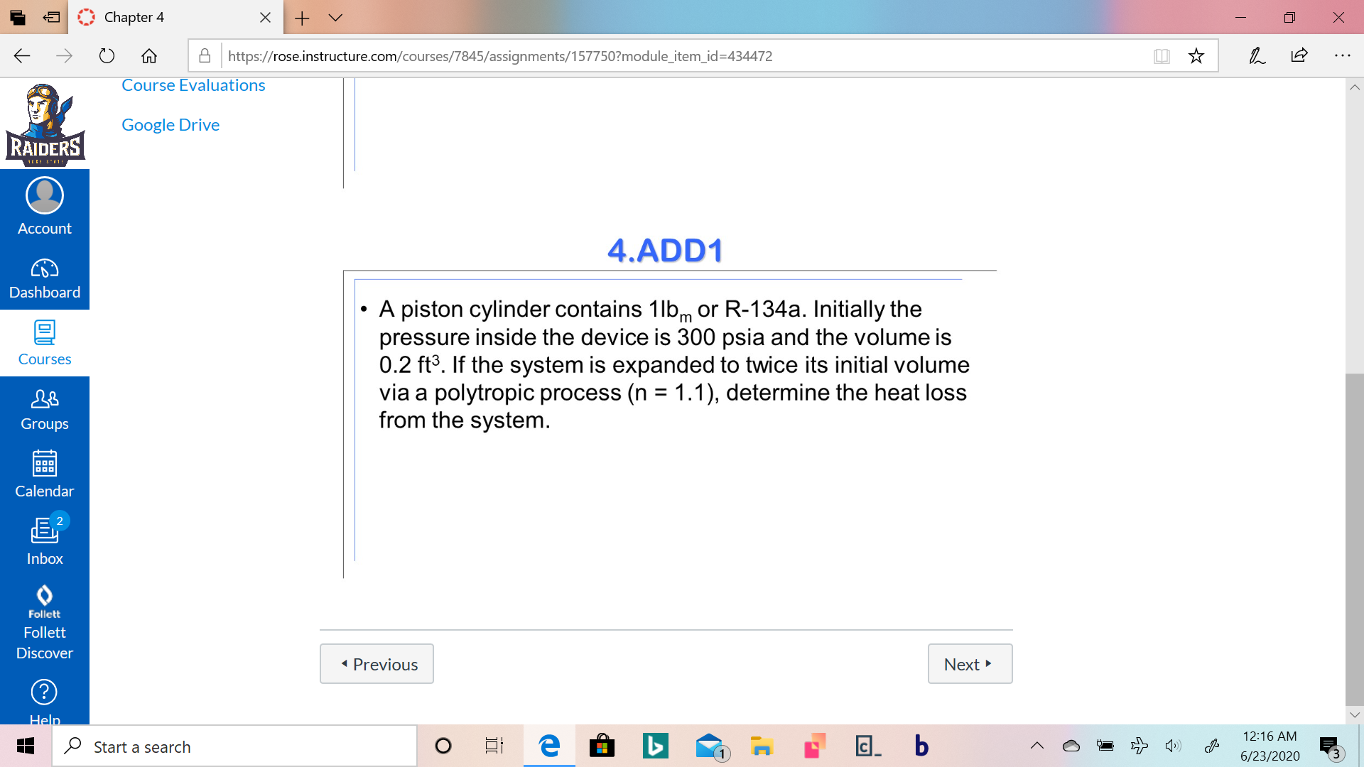 A piston cylinder contains 1lbm or R-134a. Initially the
pressure inside the device is 300 psia and the volume is
0.2 ft3. If the system is expanded to twice its initial volume
via a polytropic process (n = 1.1), determine the heat loss
from the system.
%3D
