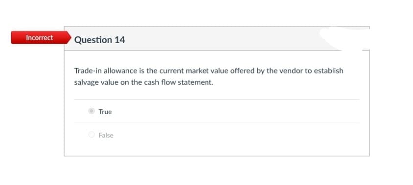 Incorrect
Question 14
Trade-in allowance is the current market value offered by the vendor to establish
salvage value on the cash flow statement.
True
False
