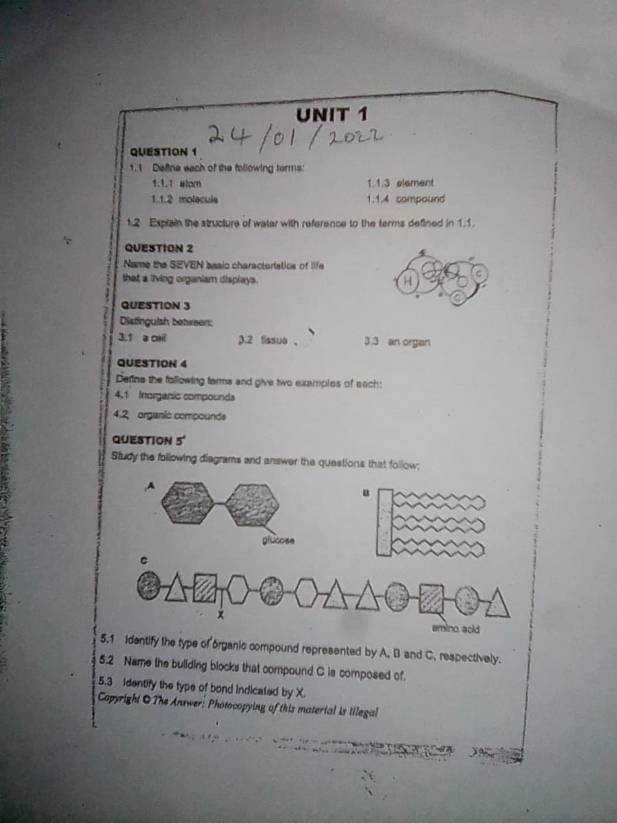 UNIT 1
24/01/2022
QUESTION 1
1.1 Dehne each of the following terma:
1.1.1 #tom
1.1.3 olement
1.12 molecule
1.1.4 compound
12 Explain the struckure of watar with reference to the terms defined in 1.1,
QUESTION 2
Name the SEVEN basic charactertstics of life
that a tving organiam dlaplays.
QUESTION 3
Distingulsh batwsen:
3.1 a cail
32 fissue.
3.3 an organ
QUESTION 4
Define the following torms and give two examples of each:
4.1 Inorganic compounds
4.2 organic compounds
QUESTION 5
Study the following diagrams and answer the questions that follow
giucose
OAZO
amina acid
5.1 Identify the type of brganlc compound represented by A. B and C, respectively.
6.2 Name the bullding blocks that compound C la composed of.
5.3 Identify the type of bond Indicated by X.
Copyright OThe Anrwer; Photocopying of this matertal L lilegal
