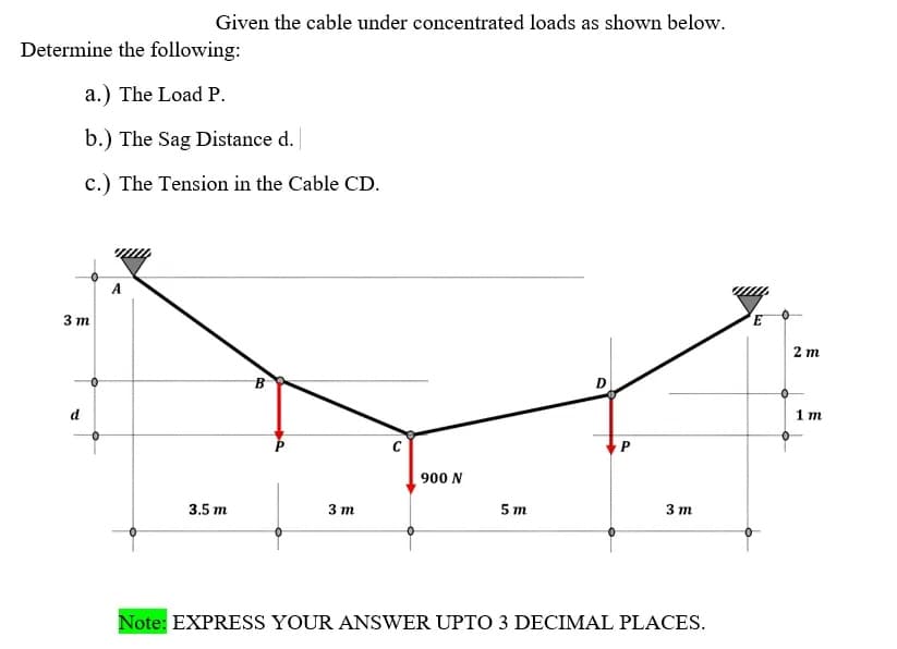 Determine the following:
a.) The Load P.
b.) The Sag Distance d.
c.) The Tension in the Cable CD.
3 m
d
Given the cable under concentrated loads as shown below.
A
3.5 m
DA
3 m
900 N
5m
D
P
3 m
Note: EXPRESS YOUR ANSWER UPTO 3 DECIMAL PLACES.
2 m
1 m