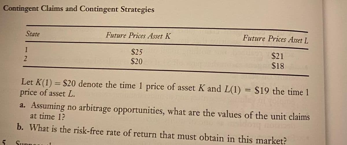 Contingent Claims and Contingent Strategies
State
Future Prices Asset K
Future Prices Asset L
$25
$20
1
$21
2.
$18
Let K(1) = $20 denote the time 1 price of asset K and L(1) = $19 the time 1
price of asset L.
%3D
a. Assuming no arbitrage opportunities, what are the values of the unit claims
at time 1?
b. What is the risk-free rate of return that must obtain in this market?
5.
Sunnes
