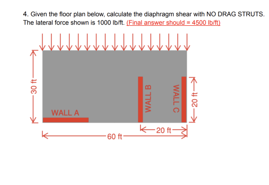 4. Given the floor plan below, calculate the diaphragm shear with NO DRAG STRUTS.
The lateral force shown is 1000 lb/ft. (Final answer should = 4500 lb/ft)
-30 ft-
WALL A
60 ft-
WALL B
WALL C
20 ft-
20 ft →