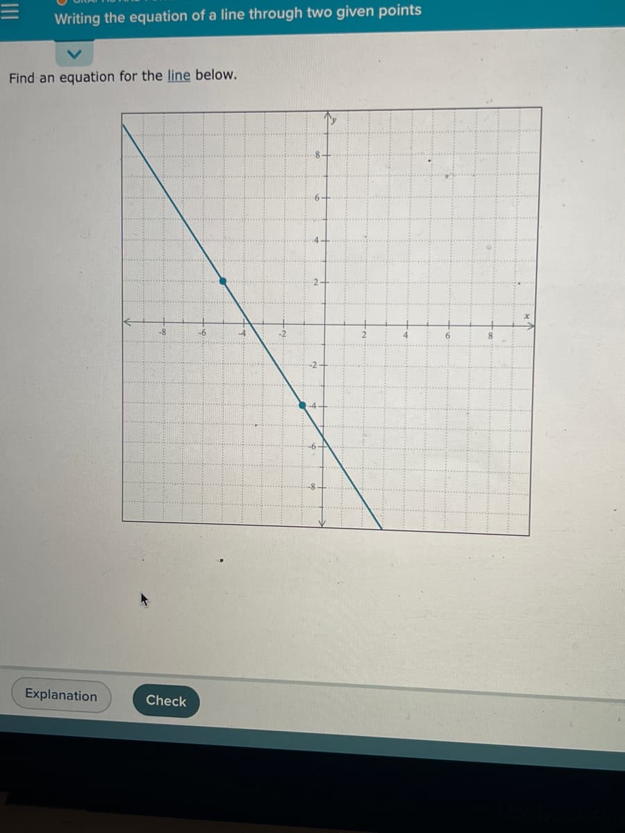 Writing the equation of a line through two given points
Find an equation for the line below.
Explanation
Check
-6
-4
8.
4