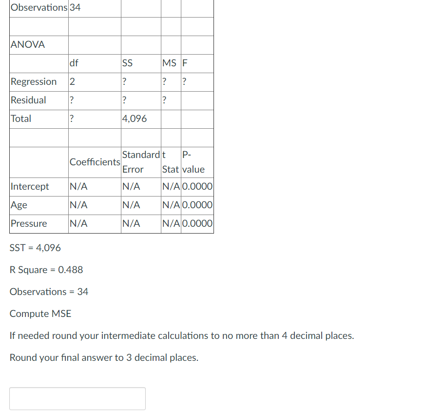 Observations 34
ANOVA
df
SS
MS F
Regression
2
?
?
Residual
Total
4,096
Standard t
Coefficients
Error
P-
Stat value
Intercept
N/A
N/A
N/A 0.0000
Age
N/A
N/A
N/A 0.0000
Pressure
N/A
N/A
N/A0.0000
SST = 4,096
R Square = 0.488
Observations = 34
Compute MSE
If needed round your intermediate calculations to no more than 4 decimal places.
Round your final answer to 3 decimal places.
