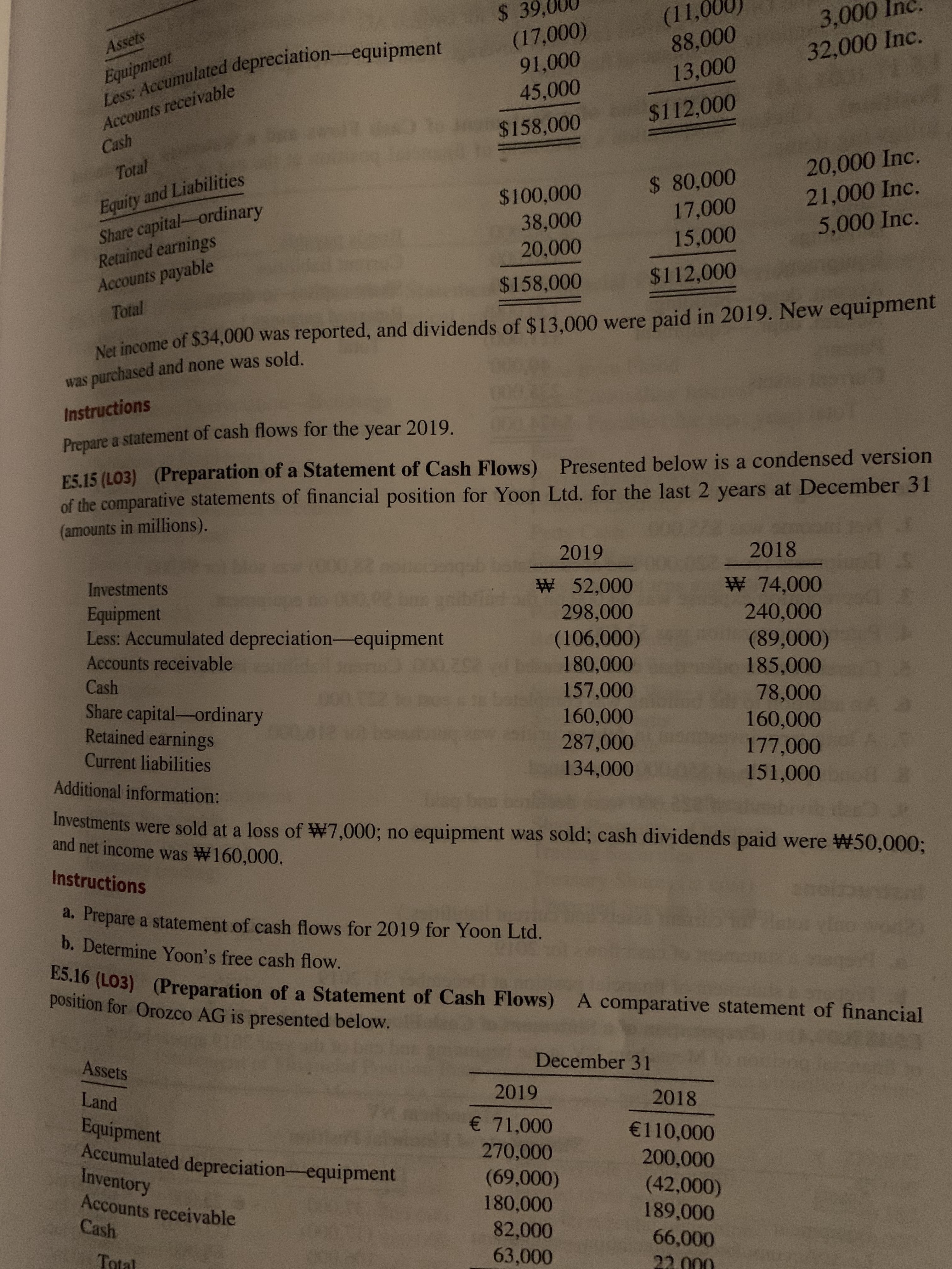 Instructions
a. Prepare a statement of cash flows for 2019 for Yoon Ltd.
b. Determine Yoon's free cash flow.
E5.16 (L01)
