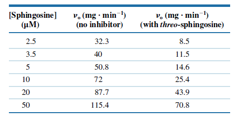 [Sphingosine]
(µM)
v. (mg · min-l)
(no inhibitor)
v. (mg · min-1)
(with threo-sphingosine)
2.5
32.3
8.5
3.5
40
11.5
5
50.8
14.6
10
72
25.4
20
87.7
43.9
50
115.4
70.8
