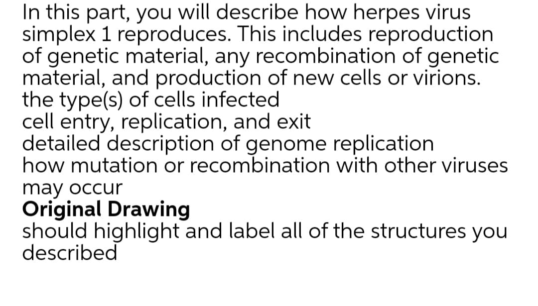 In this part, you will describe how herpes virus
simplex 1 reproduces. This includes reproduction
of genetic material, any recombination of genetic
material, and production of new cells or virions.
the type(s) of cells infected
cell entry, replication, and exit
detailed description of genome replication
how mutation or recombination with other viruses
may occur
Original Drawing
should highlight and label all of the structures you
described
