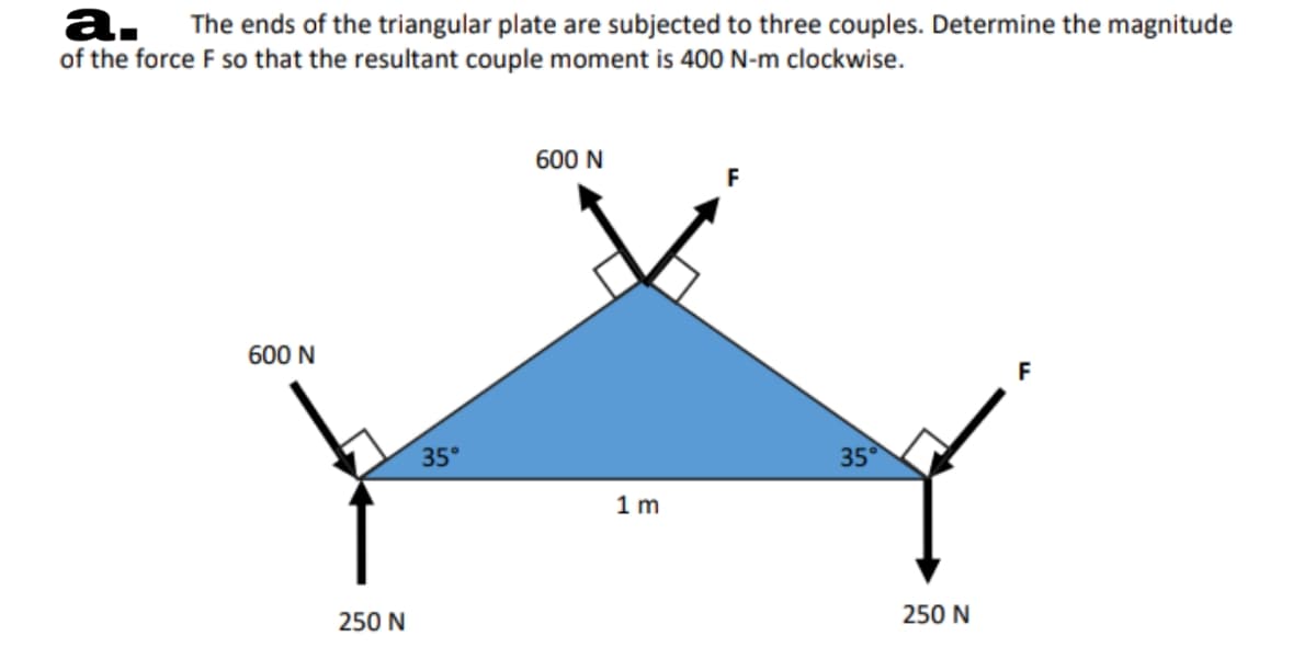 a. The ends of the triangular plate are subjected to three couples. Determine the magnitude
of the force F so that the resultant couple moment is 400 N-m clockwise.
600 N
600 N
F
35°
35°
1m
250 N
250 N
