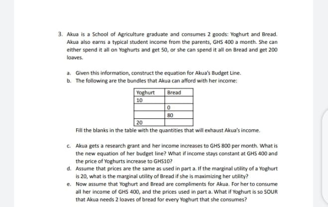 3. Akua is a School of Agriculture graduate and consumes 2 goods: Yoghurt and Bread.
Akua also earns a typical student income from the parents, GHS 400 a month. She can
either spend it all on Yoghurts and get 50, or she can spend it all on Bread and get 200
loaves.
a. Given this information, construct the equation for Akua's Budget Line.
b. The following are the bundles that Akua can afford with her income:
Yoghurt
Bread
10
80
20
Fill the blanks in the table with the quantities that will exhaust Akua's income.
c. Akua gets a research grant and her income increases to GHS 800 per month. What is
the new equation of her budget line? What if income stays constant at GHS 400 and
the price of Yoghurts increase to GHS10?
d. Assume that prices are the same as used in part a. If the marginal utility of a Yoghurt
is 20, what is the marginal utility of Bread if she is maximizing her utility?
e. Now assume that Yoghurt and Bread are compliments for Akua. For her to consume
all her income of GHS 400, and the prices used in part a. What if Yoghurt is so SOUR
that Akua needs 2 loaves of bread for every Yoghurt that she consumes?
