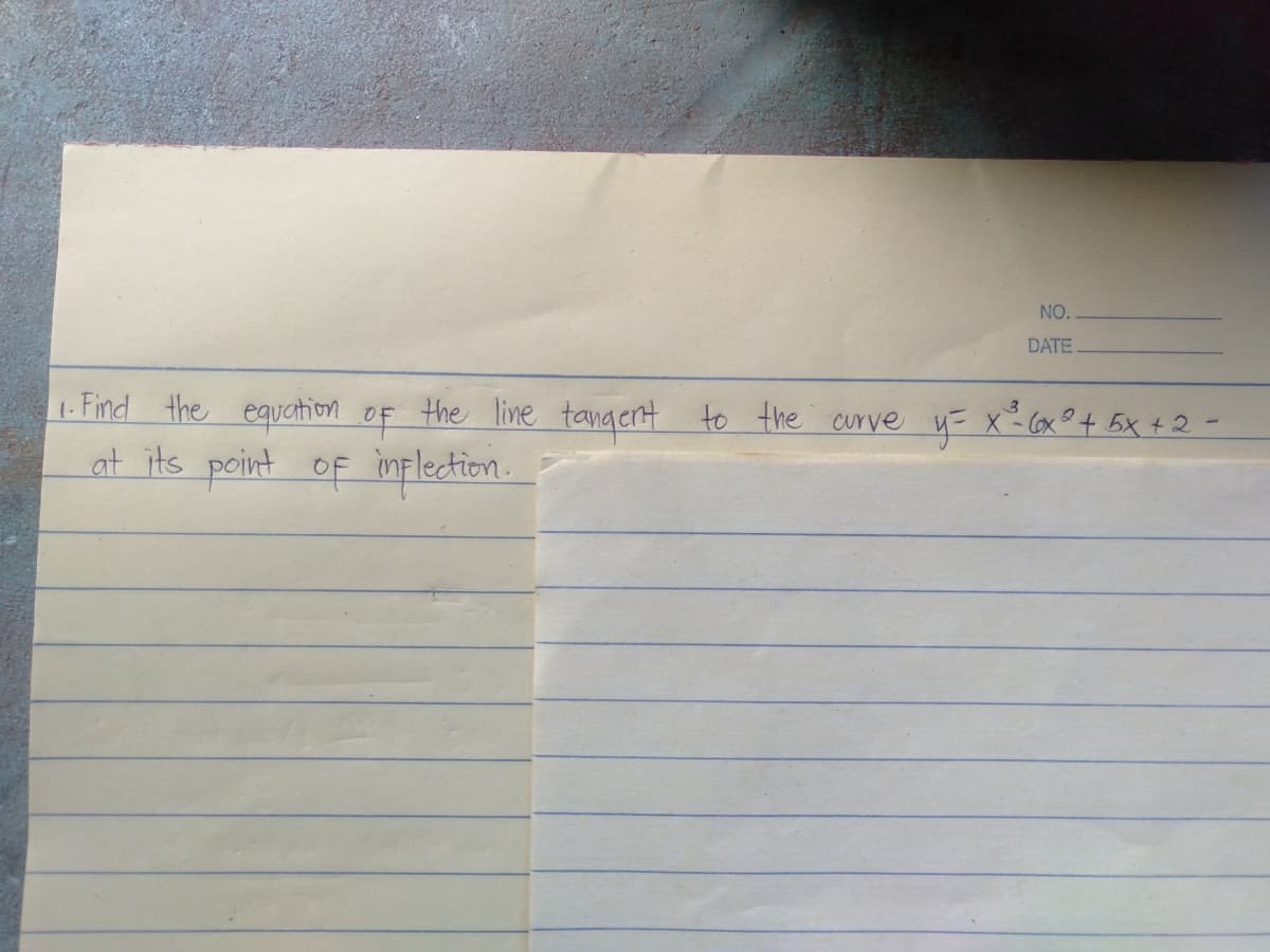 NO.
DATE
1- Find the equetion Of the line tangent
at its point of implection.
to the curve 4= x Cx °+ 5x +2
