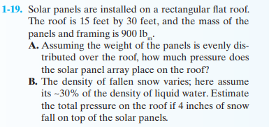 1-19. Solar panels are installed on a rectangular flat roof.
The roof is 15 feet by 30 feet, and the mass of the
panels and framing is 900 lb.
A. Assuming the weight of the panels is evenly dis-
tributed over the roof, how much pressure does
the solar panel array place on the roof?
B. The density of fallen snow varies; here assume
its -30% of the density of liquid water. Estimate
the total pressure on the roof if 4 inches of snow
fall on top of the solar panels.