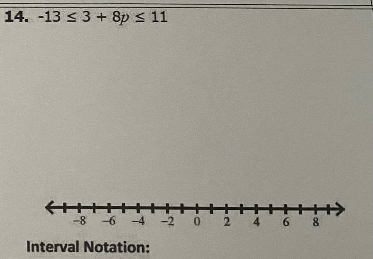 14. -13 < 3 + 8p < 11
-8 -6
-4 -2 0 2
6.
Interval Notation:
4,
