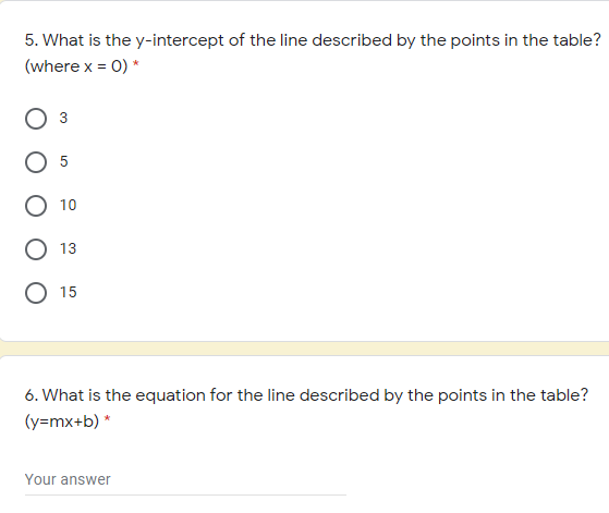 5. What is the y-intercept of the line described by the points in the table?
(where x = 0) *
3
5
10
О 13
15
6. What is the equation for the line described by the points in the table?
(y=mx+b) *
Your answer
