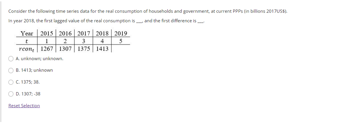 Consider the following time series data for the real consumption of households and government, at current PPPS (in billions 2017US$).
In year 2018, the first lagged value of the real consumption is L, and the first difference is
Year
2015 2016 2017 2018 2019
1
3
4
5
rcont
1267
1307
1375 1413
O A. unknown; unknown.
O B. 1413; unknown
O C. 1375; 38.
O D. 1307; -38
Reset Selection
