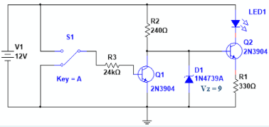 V1
-12V
till
$1
Key - A
R3
www
24kQ
R2
2400
Q1
2N3904
D1
1N4739A
Vz=9
LED1
Q2
2N3904
R1
33002