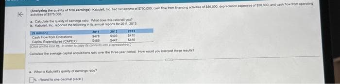 K
(Analyzing the quality of firm earnings) Kabutell, Inc. had net income of $750,000, cash flow from financing activities of $50,000, depreciation expenses of $50,000, and cash flow from operating
activities of $575.000
a Calculate the quality of eamings ratio. What does this rato tell you?
b. Kabutell, inc reported the following in its annual reports for 2011-2013
(5 million)
Cash Flow from Operations
Capital Expenditures (CAPEX)
2011
$478
$450
(Click on the con in order to copy its contents into a spreadsheet)
Calculate the average capital acquisitions ratio over the three-year period. How would you interpret these results?
2012
$403
$447
What is Kabutelf's quality of earnings ratio?
(Round to one decimal place.)
2013
$470
5456
CETTE