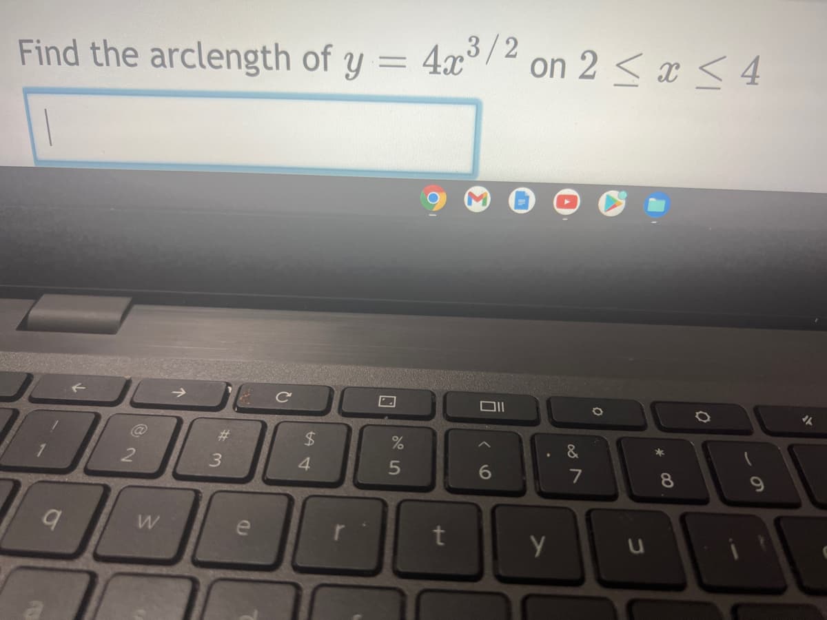 Find the arclength of y = 4x/2 on 2< æ < 4
on 2 < x < 4
%3D
23
*
3.
4.
7
8
ーの
w/
