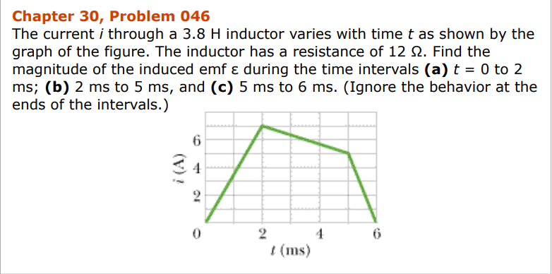 Chapter 30, Problem 046
The current i through a 3.8 H inductor varies with time t as shown by the
graph of the figure. The inductor has a resistance of 12 №. Find the
magnitude of the induced emf ɛ during the time intervals (a) t = 0 to 2
ms; (b) 2 ms to 5 ms, and (c) 5 ms to 6 ms. (Ignore the behavior at the
ends of the intervals.)
(V)?
6
4
2
0
2
/ (ms)
4
6