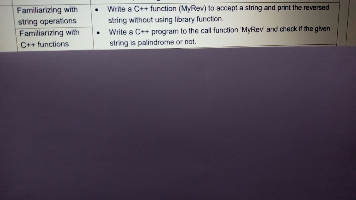 Familiarizing with
Write a C++ function (MyRev) to accept a string and print the reversed
string operations
string without using library function.
Familiarizing with
Write a C++ program to the call function 'MyRev' and check if the given
C++ functions
string is palindrome or not.
