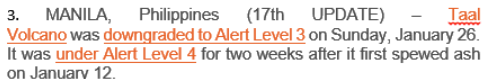 3. MANILA, Philippines (17th UPDATE) - Tal
Volcano was downgraded to Alert Level 3 on Sunday, January 26.
It was under Alert Level 4 for two weeks after it first spewed ash
on January 12.
