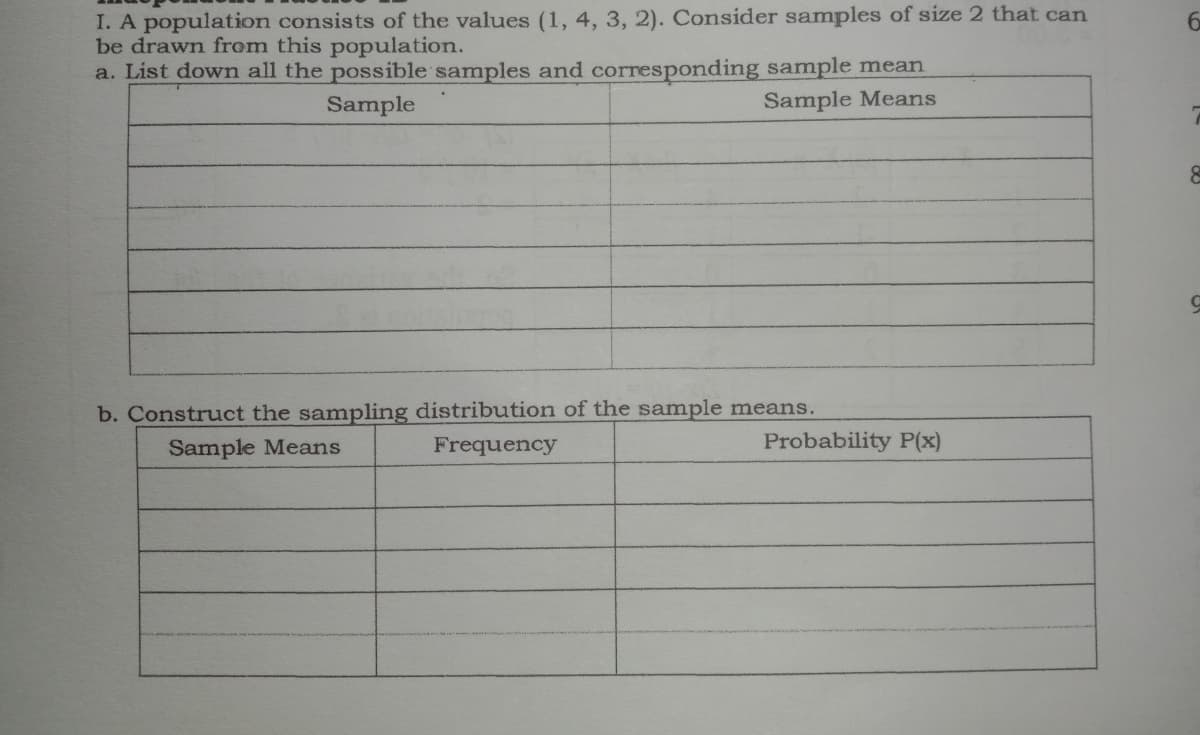 I. A population consists of the values (1, 4, 3, 2). Consider samples of size 2 that can
be drawn from this population.
a. List down all the possible samples and corresponding sample mean
6.
Sample
Sample Means
b. Construct the sampling distribution of the sample means.
Sample Means
Frequency
Probability P(x)
