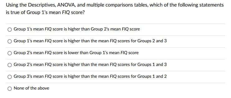 Using the Descriptives, ANOVA, and multiple comparisons tables, which of the following statements
is true of Group 1's mean FIQ score?
Group 1's mean FIQ score is higher than Group 2's mean FIQ score
O Group 1's mean FIQ score is higher than the mean FIQ scores for Groups 2 and 3
Group 2's mean FIQ score is lower than Group 1's mean FIQ score
Group 2's mean FlQ score is higher than the mean FIQ scores for Groups 1 and 3
Group 3's mean FIQ score is higher than the mean FIQ scores for Groups 1 and 2
O None of the above
