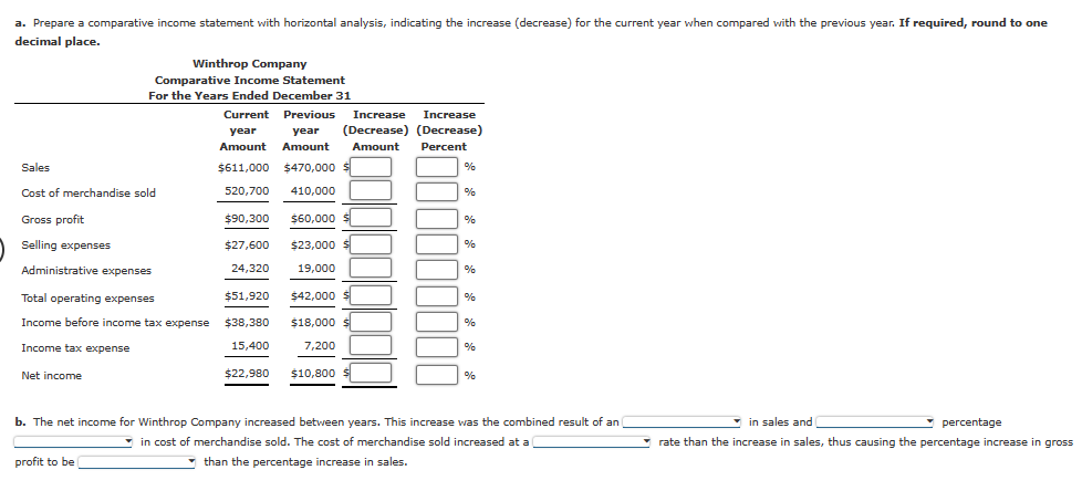 a. Prepare a comparative income statement with horizontal analysis, indicating the increase (decrease) for the current year when compared with the previous year. If required, round to one
decimal place.
Sales
Cost of merchandise sold
Gross profit
Selling expenses
Winthrop Company
Comparative Income Statement
For the Years Ended December 31
Administrative expenses
Total operating expenses
Income before income tax expense
Income tax expense
Net income
profit to be
Increase
Current Previous Increase
year
year (Decrease) (Decrease)
Amount Amount Amount Percent
$611,000 $470,000 $
520,700 410,000
$90,300
$27,600
24,320
$51,920
$38,380
15,400
$22,980
$60,000
$23.000
19,000
$42,000
$18,000 $
7,200
$10,800
%
%
%
%
%
%
%
%
%
b. The net income for Winthrop Company increased between years. This increase was the combined result of an
in cost of merchandise sold. The cost of merchandise sold increased at a
than the percentage increase in sales.
in sales and
percentage
rate than the increase in sales, thus causing the percentage increase in gross