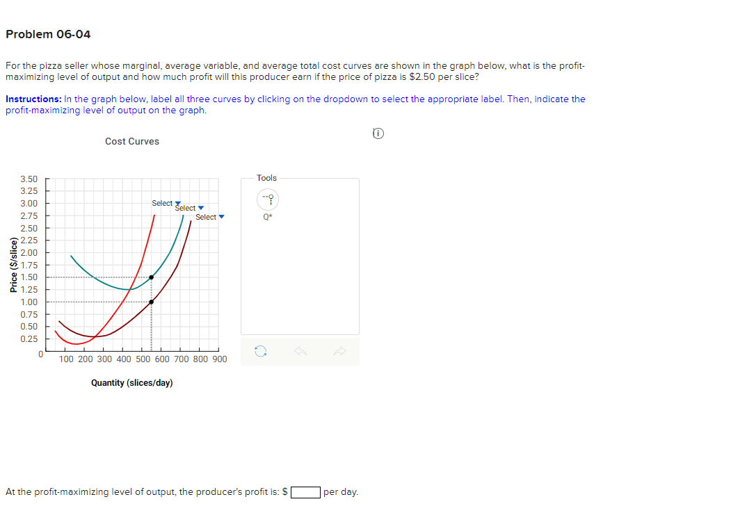 Problem 06-04
For the pizza seller whose marginal, average variable, and average total cost curves are shown in the graph below, what is the profit-
maximizing level of output and how much profit will this producer earn if the price of pizza is $2.50 per slice?
Instructions: In the graph below, label all three curves by clicking on the dropdown to select the appropriate label. Then, indicate the
profit-maximizing level of output on the graph.
Price ($/slice)
3.50
3.25
3.00
2.75
2.50
2.25
2.00
1.75
1.50
1.25
1.00
0.75
0.50
0.25
0
Cost Curves
Select
Select
Quantity (slices/day)
Select
100 200 300 400 500 600 700 800 900
Tools
-i
At the profit-maximizing level of output, the producer's profit is: $
per day.
0