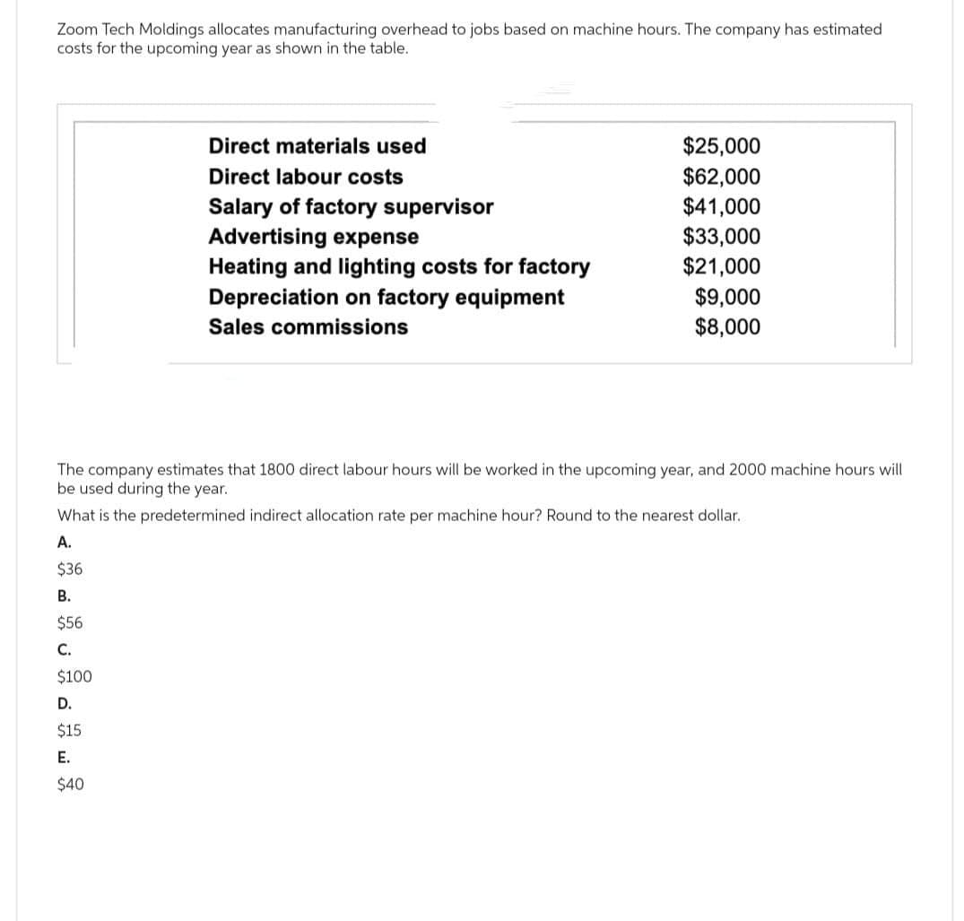 Zoom Tech Moldings allocates manufacturing overhead to jobs based on machine hours. The company has estimated
costs for the upcoming year as shown in the table.
Direct materials used
Direct labour costs
Salary of factory supervisor
Advertising expense
Heating and lighting costs for factory
Depreciation on factory equipment
Sales commissions
$25,000
$62,000
$41,000
$33,000
$21,000
$9,000
$8,000
The company estimates that 1800 direct labour hours will be worked in the upcoming year, and 2000 machine hours will
be used during the year.
What is the predetermined indirect allocation rate per machine hour? Round to the nearest dollar.
A.
$36
B.
$56
C.
$100
D.
$15
E.
$40