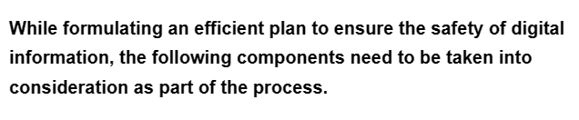 While formulating an efficient plan to ensure the safety of digital
information, the following components need to be taken into
consideration as part of the process.