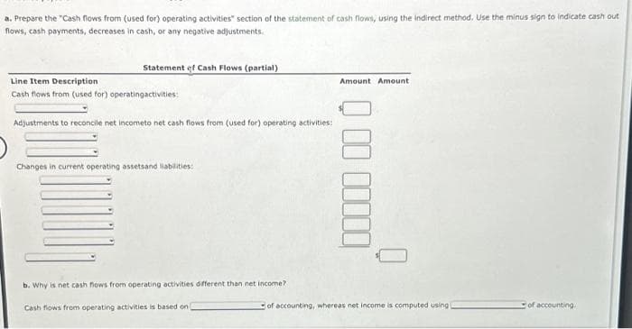 a. Prepare the "Cash flows from (used for) operating activities" section of the statement of cash flows, using the Indirect method. Use the minus sign to indicate cash out
flows, cash payments, decreases in cash, or any negative adjustments.
Statement of Cash Flows (partial)
Line Item Description
Cash flows from (used for) operatingactivities:
Adjustments to reconcile net incometo net cash flows from (used for) operating activities:
Changes in current operating assetsand liabilities:
b. Why is net cash flows from operating activities different than net income?
Cash flows from operating activities is based on)
Amount Amount
0000000
of accounting, whereas net income is computed using
of accounting.