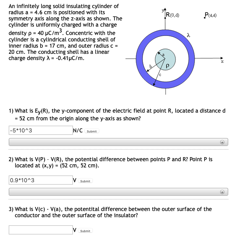 An infinitely long solid insulating cylinder of
radius a = 4.6 cm is positioned with its
symmetry axis along the z-axis as shown. The
cylinder is uniformly charged with a charge
density p = 40 µC/m³. Concentric with the
cylinder is a cylindrical conducting shell of
inner radius b = 17 cm, and outer radius c =
20 cm. The conducting shell has a linear
charge density A = -0.41µC/m.
R(0,d)
P(aa)
1) What is Ey(R), the y-component of the electric field at point R, located a distance d
= 52 cm from the origin along the y-axis as shown?
|-5*10^3
N/C Submit
2) What is V(P) - V(R), the potential difference between points P and R? Point P is
located at (x,y) = (52 cm, 52 cm).
0.9*10^3
V Submit
3) What is V(c) - V(a), the potentital difference between the outer surface of the
conductor and the outer surface of the insulator?
V Submit
