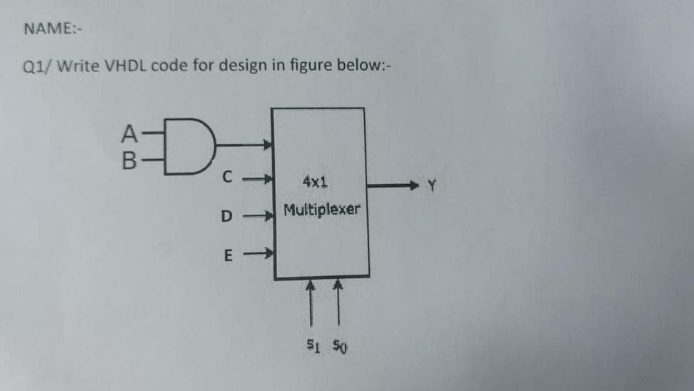 NAME:-
Q1/Write VHDL code for design in figure below:-
A-
B
CI
4x1
D Multiplexer
E->
51 50