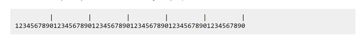 This image contains a repetitive sequence of numbers and vertical lines. The sequence of numbers is as follows:

123456789012345678901234567890123456789012345678901234567890

The sequence "1234567890" repeats six times in total.

Additionally, there are six vertical lines placed between sequences. Each vertical line is positioned after every 10 digits, separating the repeating sequences of "1234567890".

This layout can be useful for educational purposes, particularly for learning about repeating sequences, patterns, and counting in increments of ten.