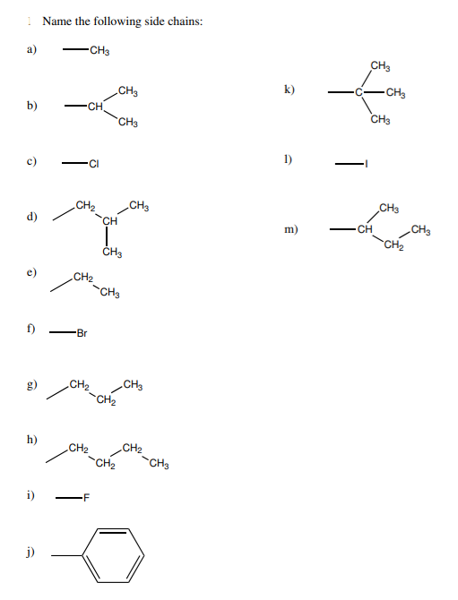 1 Name the following side chains:
a)
b)
Ô
d)
f)
h)
j)
-CH3
CI
CH₂
CH₂
Br
CH₂
CH₂
-F
CH3
T
CH3
CH3
CH₂
-CH3
CH₂
CH3
CH3
CH₂
CH3
1)
m)
I
CH3
-CH₂
CH3
CH3
-CH₂
CH3