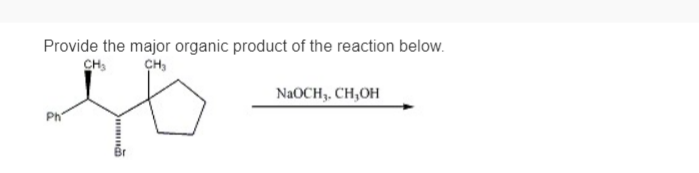 Provide the major organic product of the reaction below.
CH₂
CH3
to
NaOCH,, CH,OH
Ph