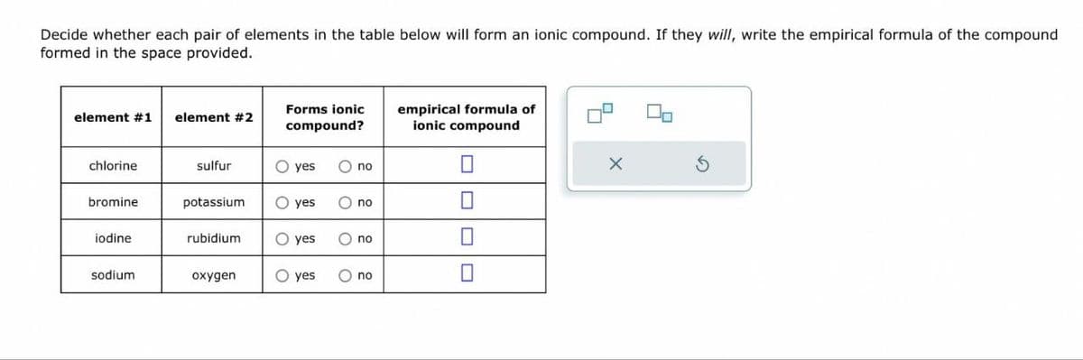 Decide whether each pair of elements in the table below will form an ionic compound. If they will, write the empirical formula of the compound
formed in the space provided.
Forms ionic
empirical formula of
element #1 element #2
compound?
ionic compound
chlorine
sulfur
○ yes
no
☐
bromine
potassium
yes
no
☐
iodine
rubidium
O yes
no
☐
sodium
oxygen
○ yes
ou O
☐