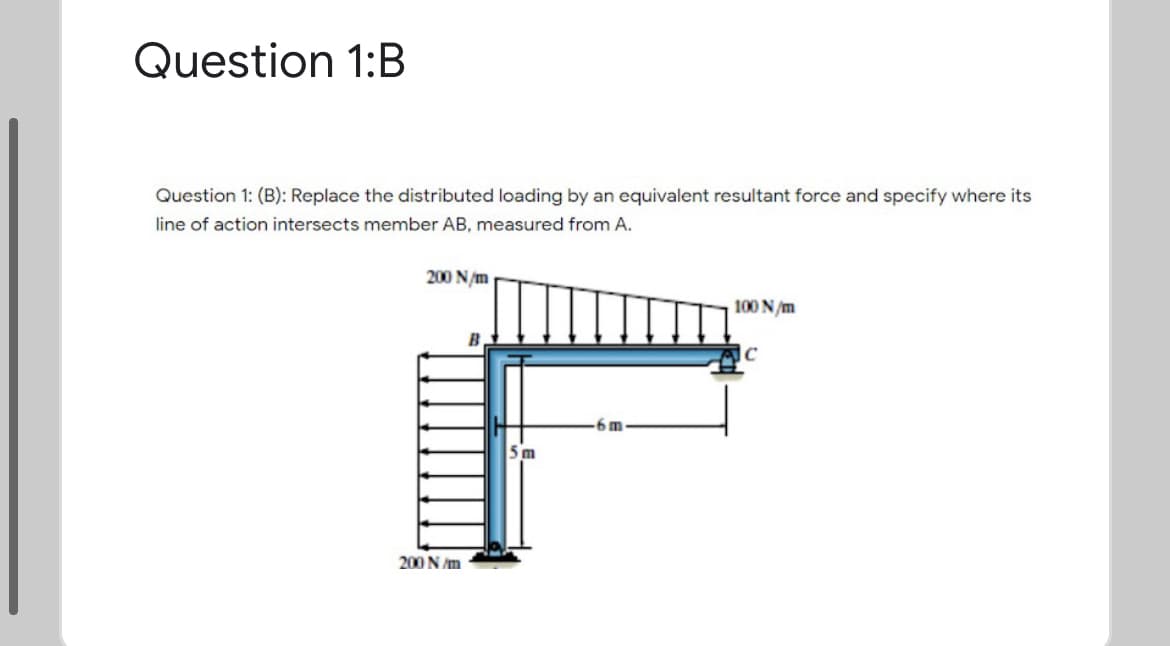 Question 1:B
Question 1: (B): Replace the distributed loading by an equivalent resultant force and specify where its
line of action intersects member AB, measured from A.
200 N/m
100 N/m
|c
5m
200 N /m
