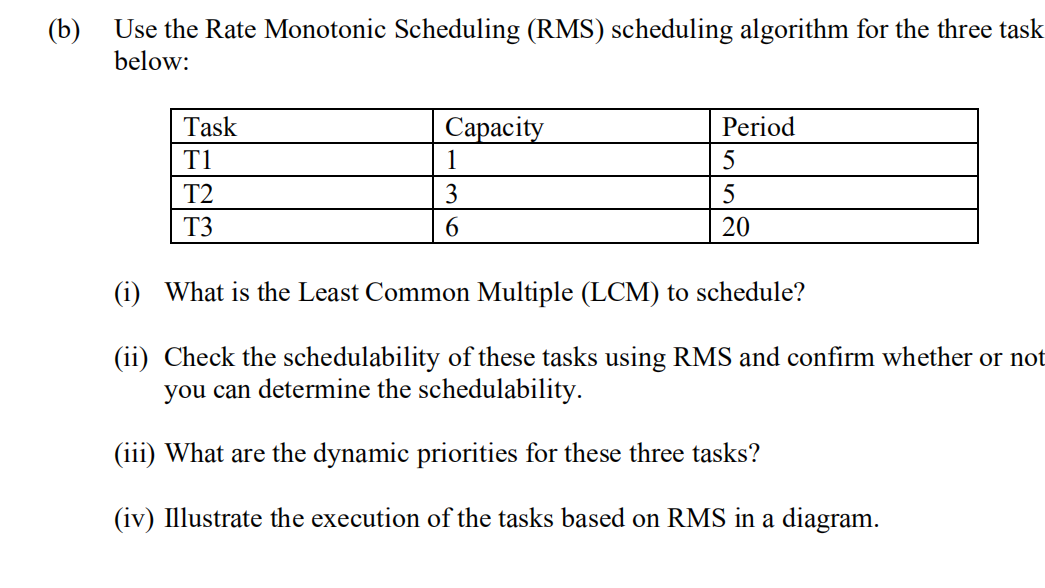 (b)
Use the Rate Monotonic Scheduling (RMS) scheduling algorithm for the three task
below:
Task
Сарасity
Period
T1
1
5
T2
3
5
T3
6.
20
(i) What is the Least Common Multiple (LCM) to schedule?
(ii) Check the schedulability of these tasks using RMS and confirm whether or not
you can determine the schedulability.
(iii) What are the dynamic priorities for these three tasks?
(iv) Illustrate the execution of the tasks based on RMS in a diagram.
