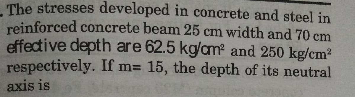 The stresses developed in concrete and steel in
reinforced concrete beam 25 cm width and 70 cm
effective depth are 62.5 kg/cm² and 250 kg/cm²
respectively. If m= 15, the depth of its neutral
axis is