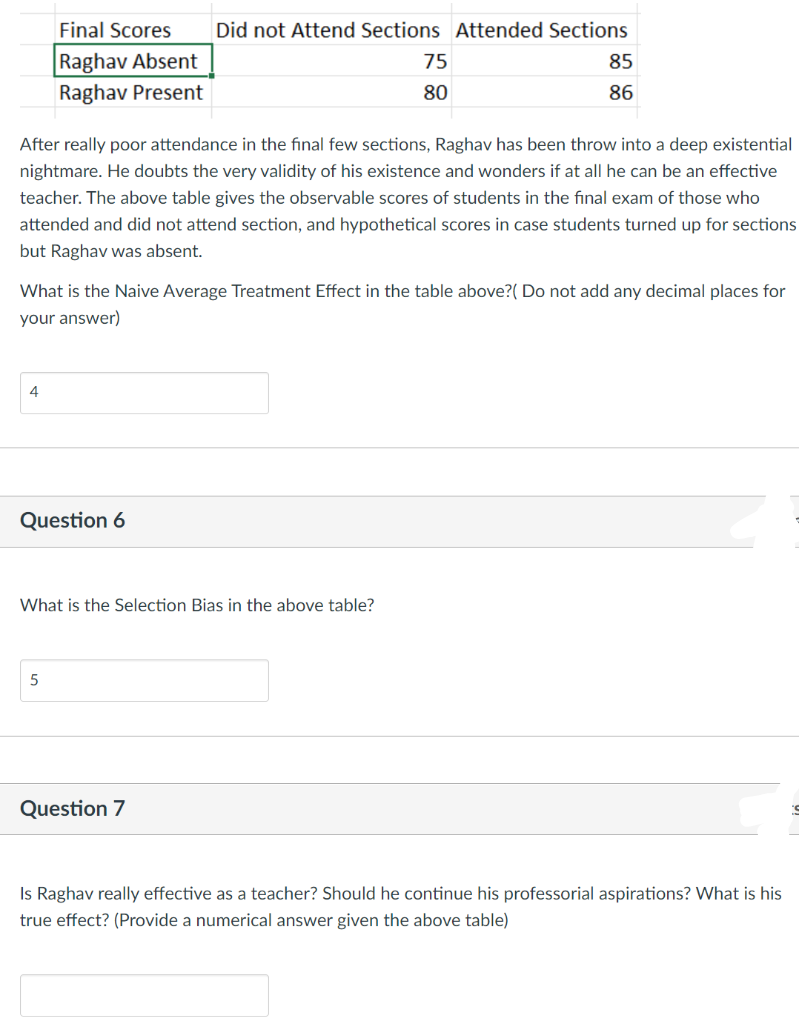 Final Scores
Did not Attend Sections Attended Sections
Raghav Absent
75
85
Raghav Present
80
86
After really poor attendance in the final few sections, Raghav has been throw into a deep existential
nightmare. He doubts the very validity of his existence and wonders if at all he can be an effective
teacher. The above table gives the observable scores of students in the final exam of those who
attended and did not attend section, and hypothetical scores in case students turned up for sections
but Raghav was absent.
What is the Naive Average Treatment Effect in the table above?( Do not add any decimal places for
your answer)
4
Question 6
What is the Selection Bias in the above table?
5
Question 7
in
Is Raghav really effective as a teacher? Should he continue his professorial aspirations? What is his
true effect? (Provide a numerical answer given the above table)
