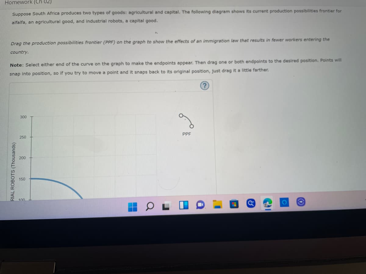 Homework (Ch 02)
Suppose South Africa produces two types of goods: agricultural and capital. The following diagram shows its current production possibilities frontier for
alfalfa, an agricultural good, and industrial robots, a capital good.
Drag the production possibilities frontier (PPF) on the graph to show the effects of an immigration law that results in fewer workers entering the
country.
Note: Select either end of the curve on the graph to make the endpoints appear. Then drag one or both endpoints to the desired position. Points will
snap into position, so if you try to move a point and it snaps back to its original position, just drag it a little farther.
300
PPF
250
200
150
100
O
RIAL ROBOTS (Thousands)
O
I
